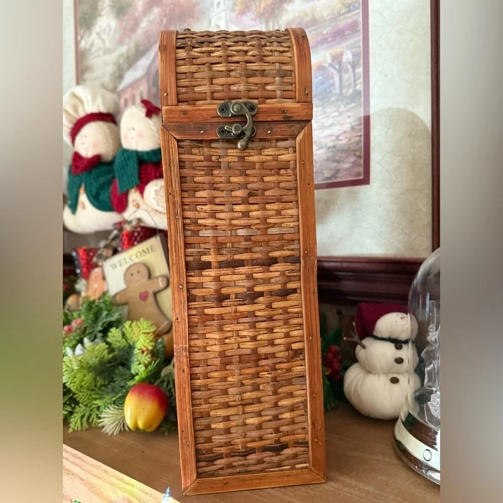 Vintage 1985 Woven Rattan Wooden Wine Box with Brass Handle and Clasp